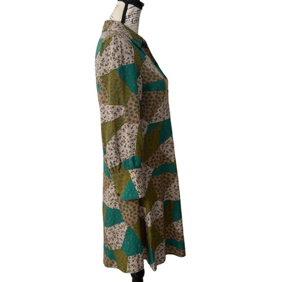 Natural Life Womens Mini Shirt Dress Tunic Button Up Patchwork Green Tan Size S - Picture 2 of 7